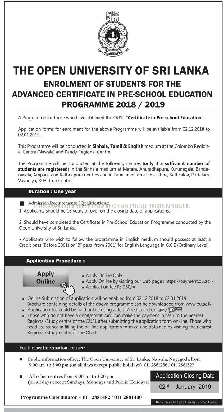 Advanced Certificate in Pre School Education Programme 2018/2019 - The Open University of Sri Lanka